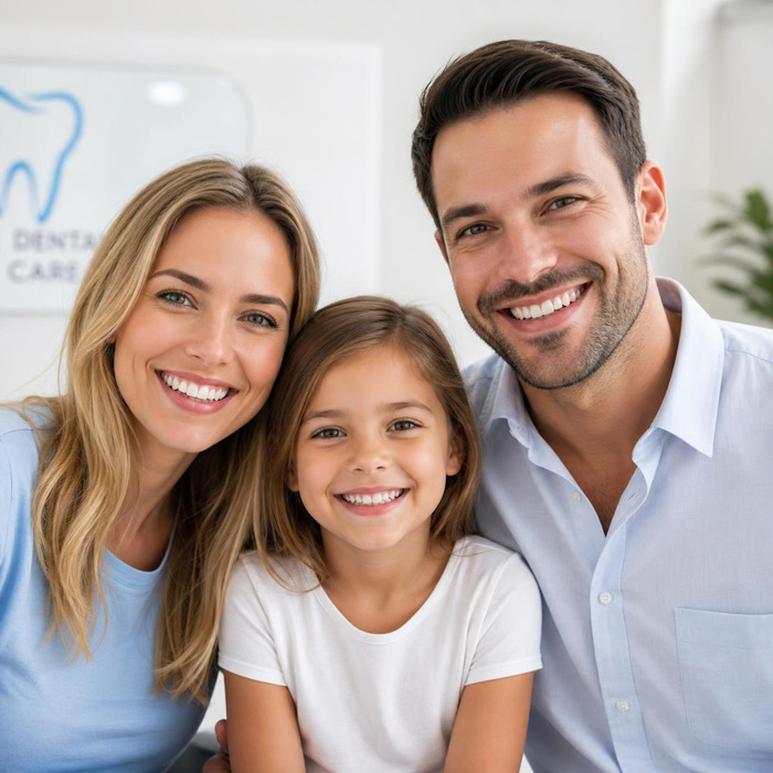 family smiling showing white healthy teeth